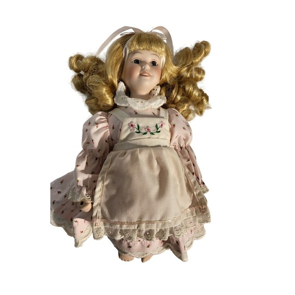 Royalton collection Porcelain‎ Doll Blonde Curly Hair Blue Eyes Pink Dress - Picture 3 of 9
